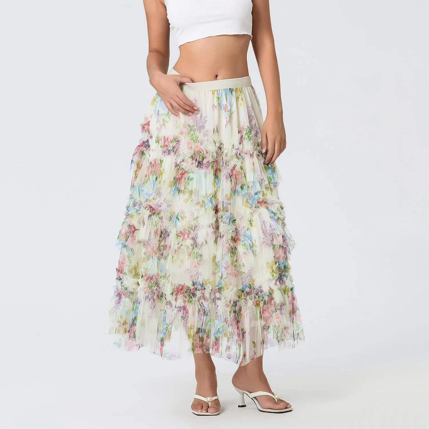 Women Floral Tulle Tutu Maxi Skirt Irregular Pleated A Line Midi Skirt Flowy Layered Mesh Long Skirt