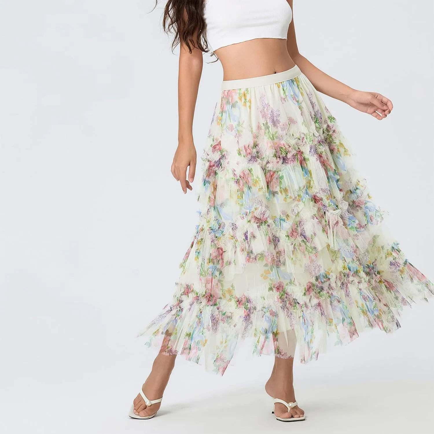 Women Floral Tulle Tutu Maxi Skirt Irregular Pleated A Line Midi Skirt Flowy Layered Mesh Long Skirt