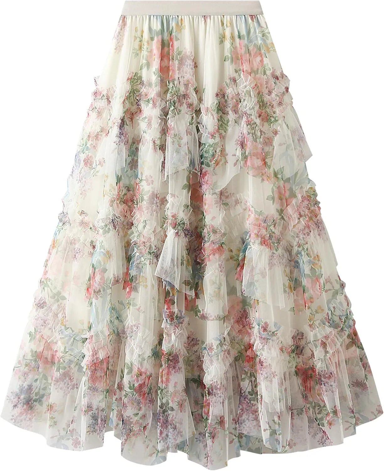 Women Floral Tulle Tutu Maxi Skirt Irregular Pleated A Line Midi Skirt Flowy Layered Mesh Long Skirt