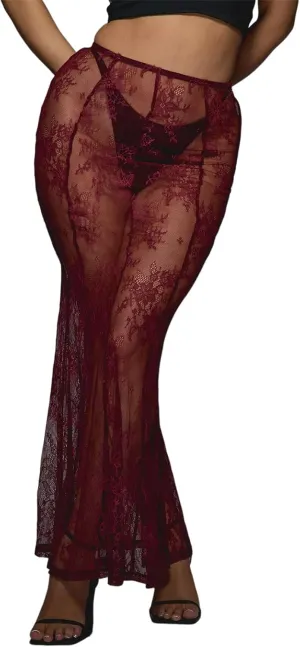 Women Lace Floral Maxi Skirts High Waist See Through Sheer Mesh Long Skirts Bodycon Summer Mermaid Skirt