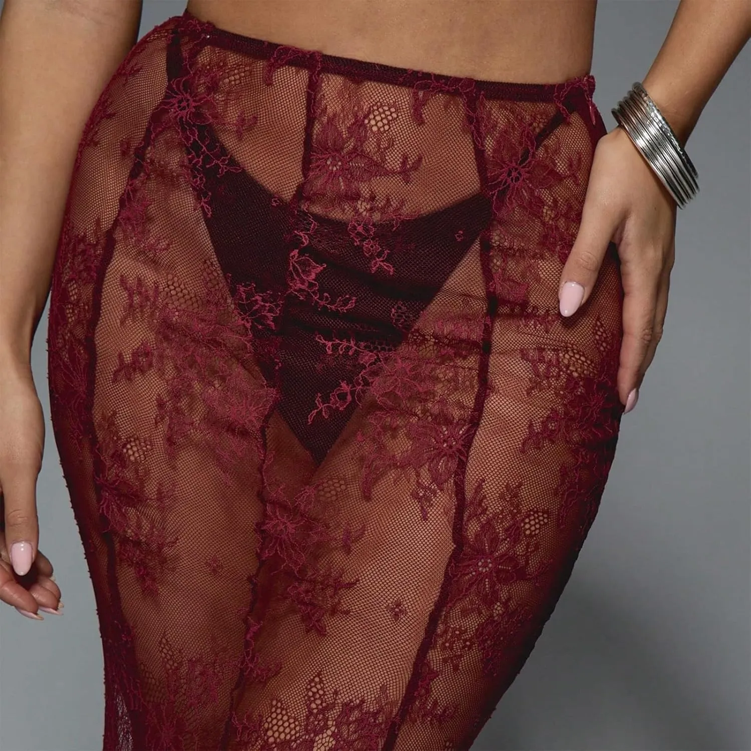 Women Lace Floral Maxi Skirts High Waist See Through Sheer Mesh Long Skirts Bodycon Summer Mermaid Skirt