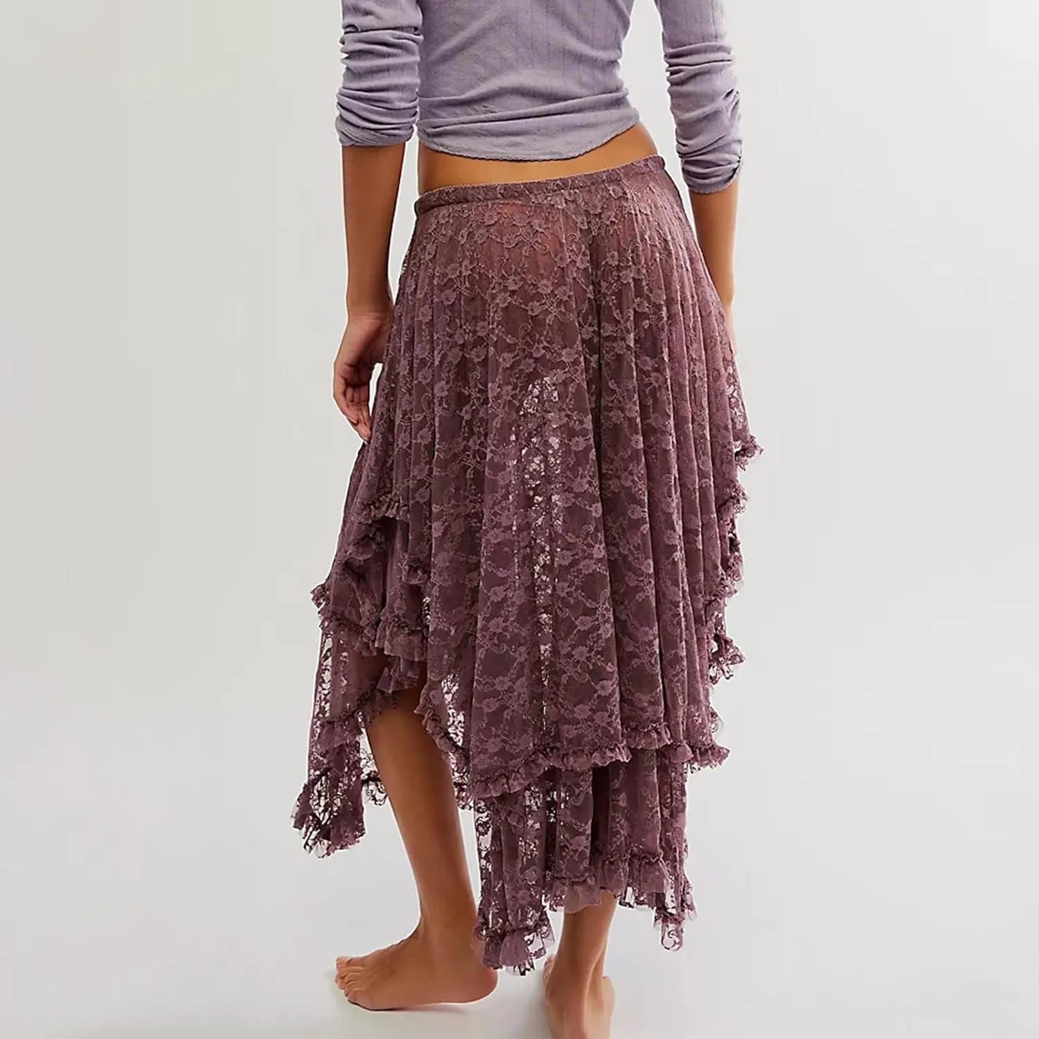 Women Lace Long Skirt See Through High Waist A-line Midi Skirts Spring Summer Irregular Hem Casual Skirts