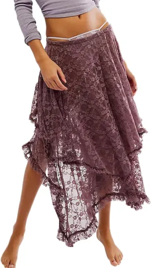 Women Lace Long Skirt See Through High Waist A-line Midi Skirts Spring Summer Irregular Hem Casual Skirts