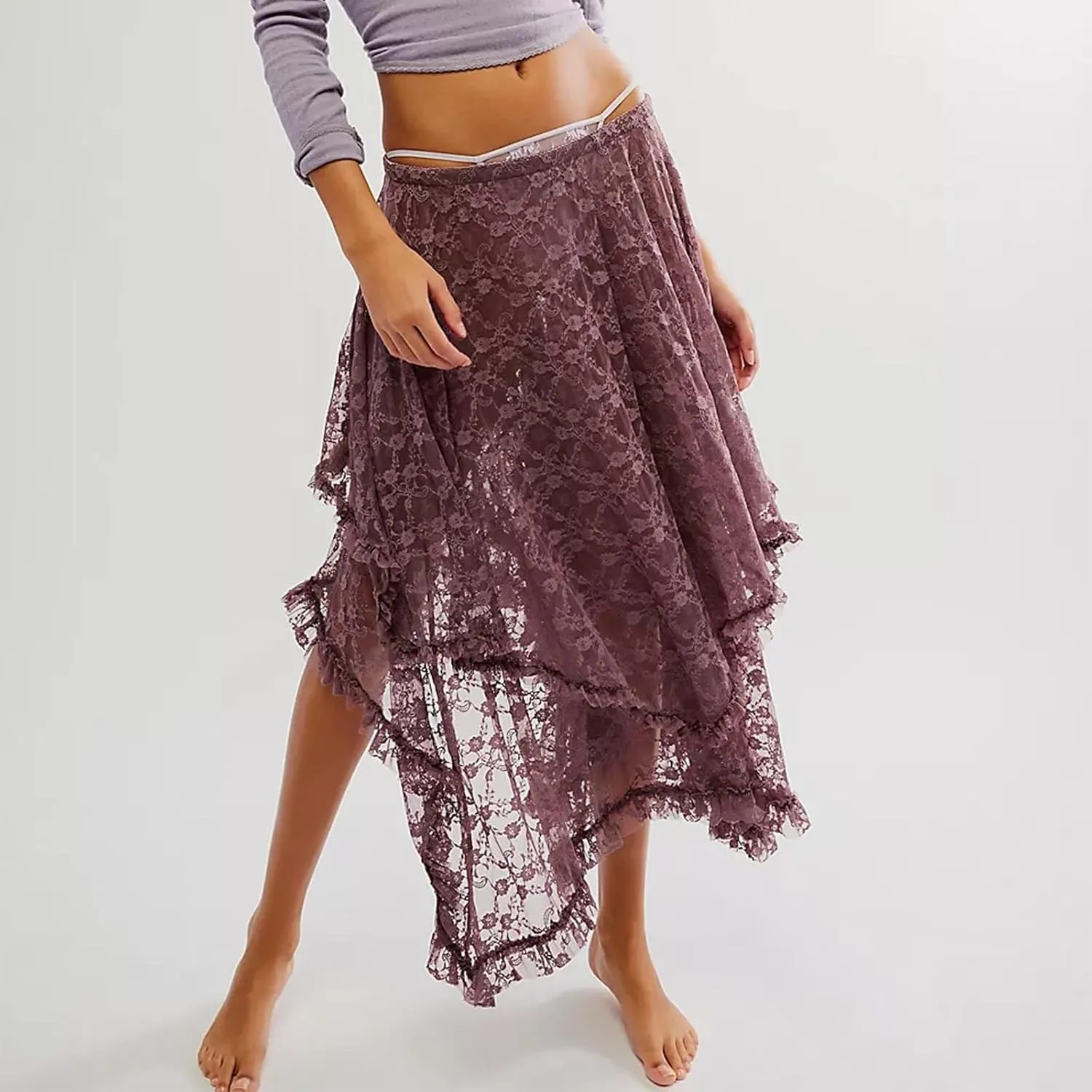 Women Lace Long Skirt See Through High Waist A-line Midi Skirts Spring Summer Irregular Hem Casual Skirts
