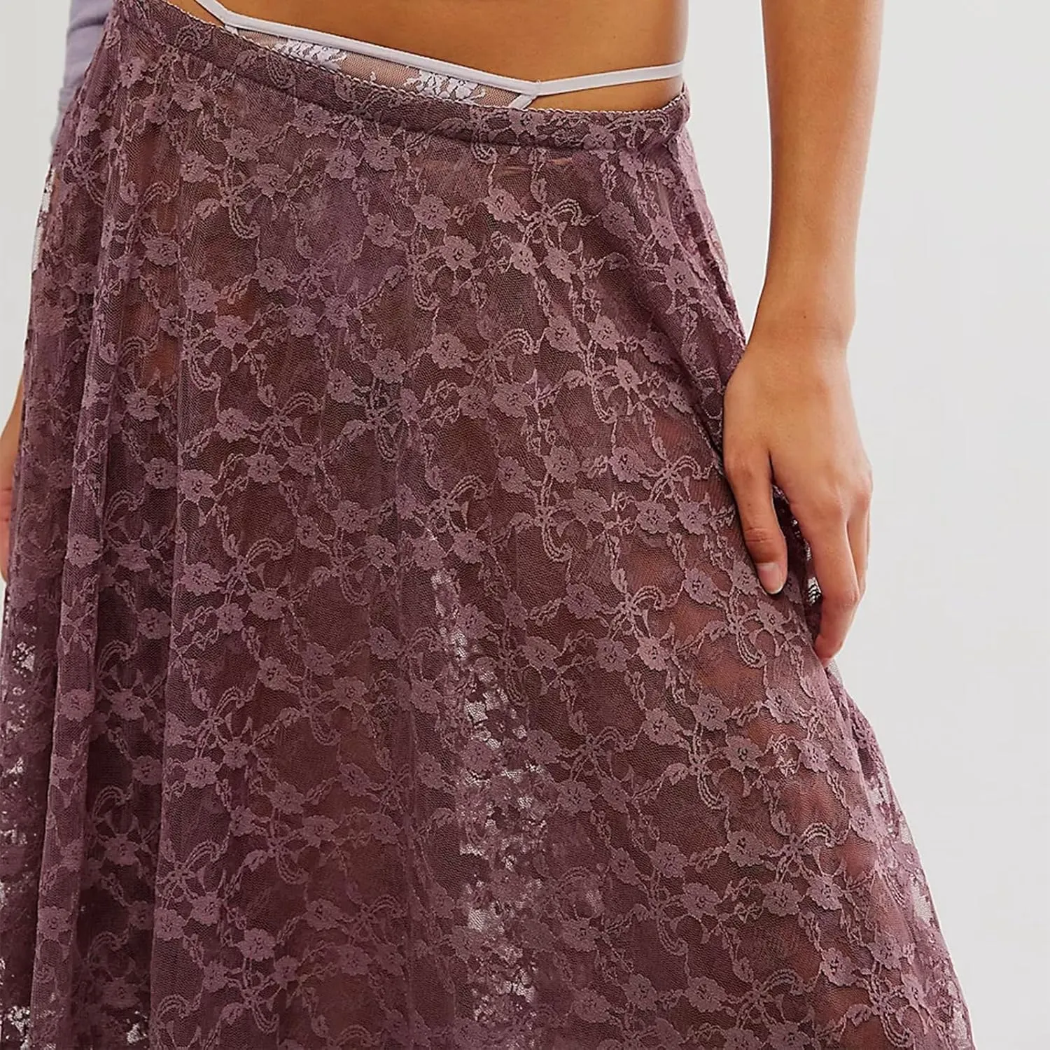 Women Lace Long Skirt See Through High Waist A-line Midi Skirts Spring Summer Irregular Hem Casual Skirts