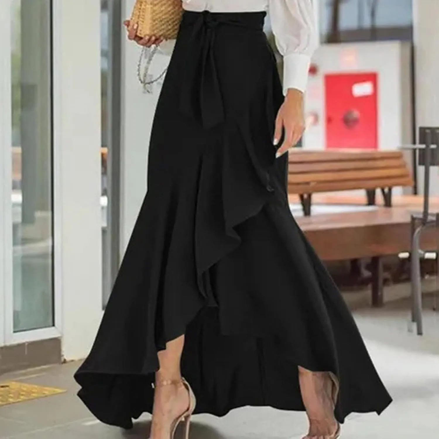 Women Maxi Skirts Flowy Asymmetrical Hem High Waisted Ruffle Tie-up Elastic Irregular Fishtail Long Skirt with Belt