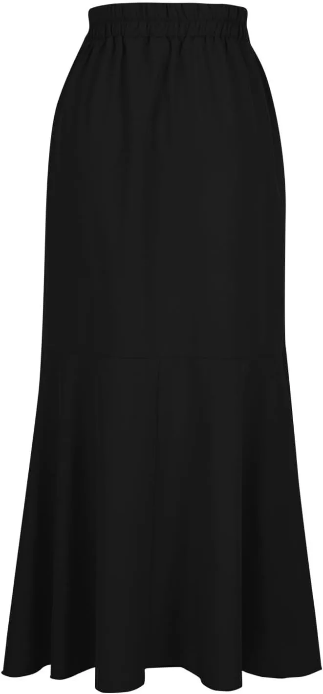 Women Maxi Skirts Flowy Asymmetrical Hem High Waisted Ruffle Tie-up Elastic Irregular Fishtail Long Skirt with Belt