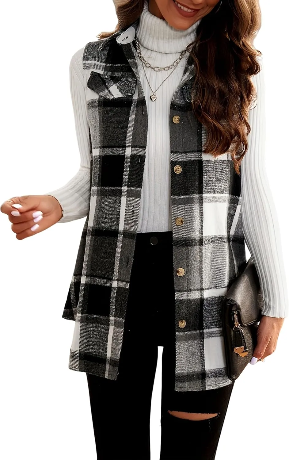Women Plaid Vest Blazer Jacket Sleeveless Fashion Coat Button Down Checkered Color Block Sweater Vests Top