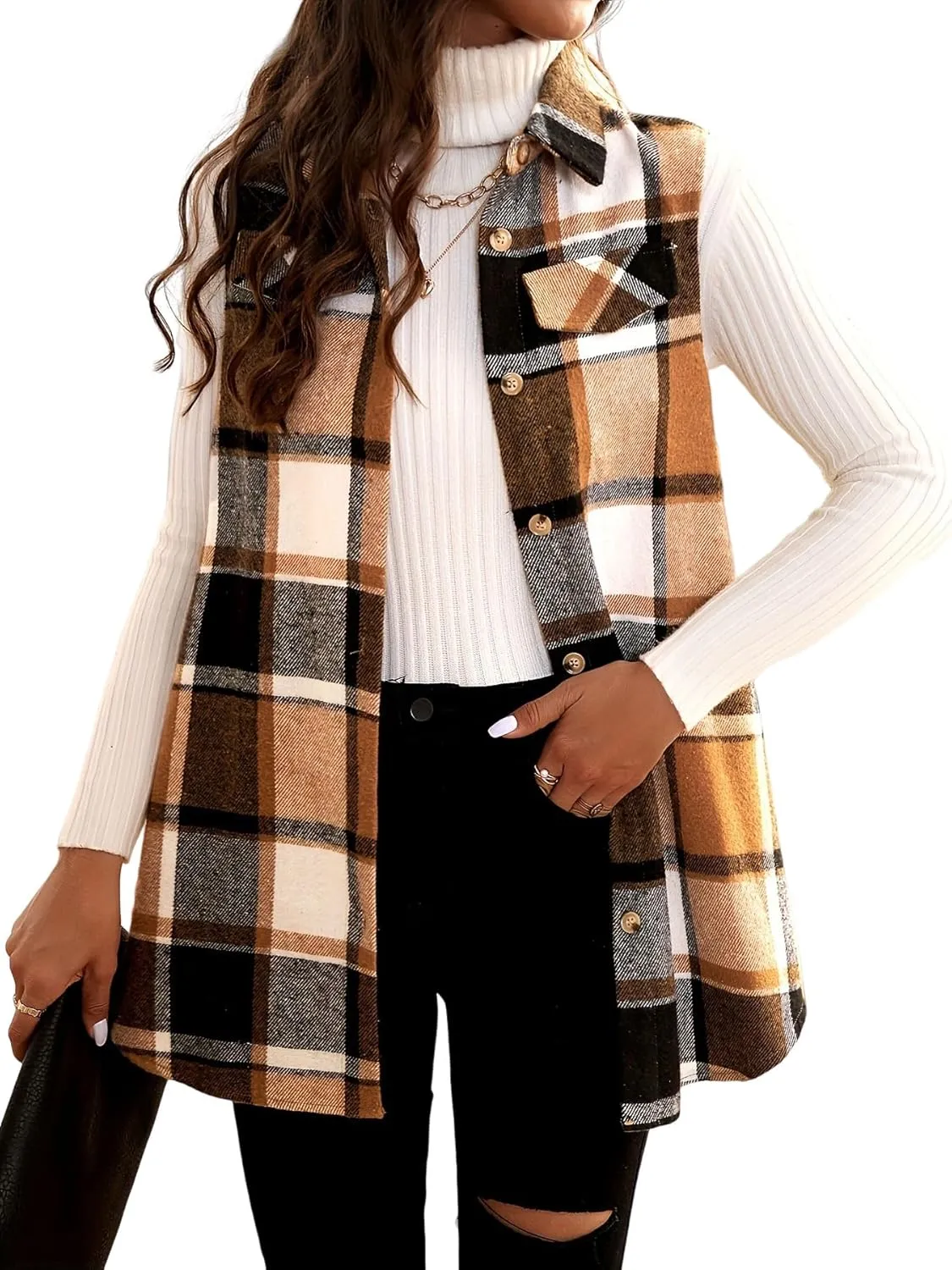 Women Plaid Vest Blazer Jacket Sleeveless Fashion Coat Button Down Checkered Color Block Sweater Vests Top