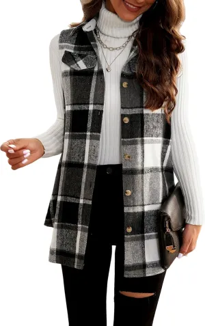 Women Plaid Vest Blazer Jacket Sleeveless Fashion Coat Button Down Checkered Color Block Sweater Vests Top