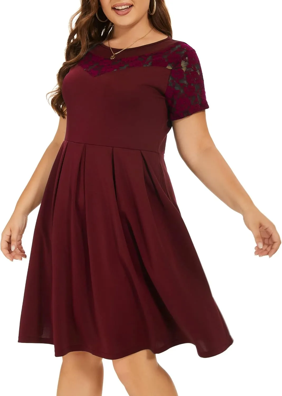Women Plus Size Floral Lace Short Sleeve Party Wedding Cocktail Swing Midi Dress with Pockets