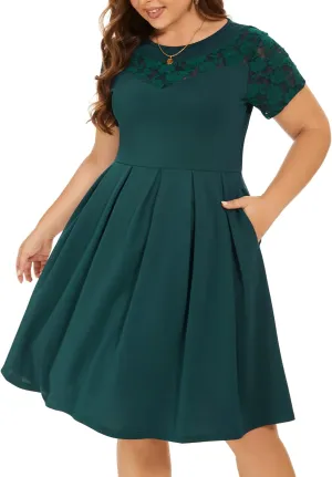 Women Plus Size Floral Lace Short Sleeve Party Wedding Cocktail Swing Midi Dress with Pockets