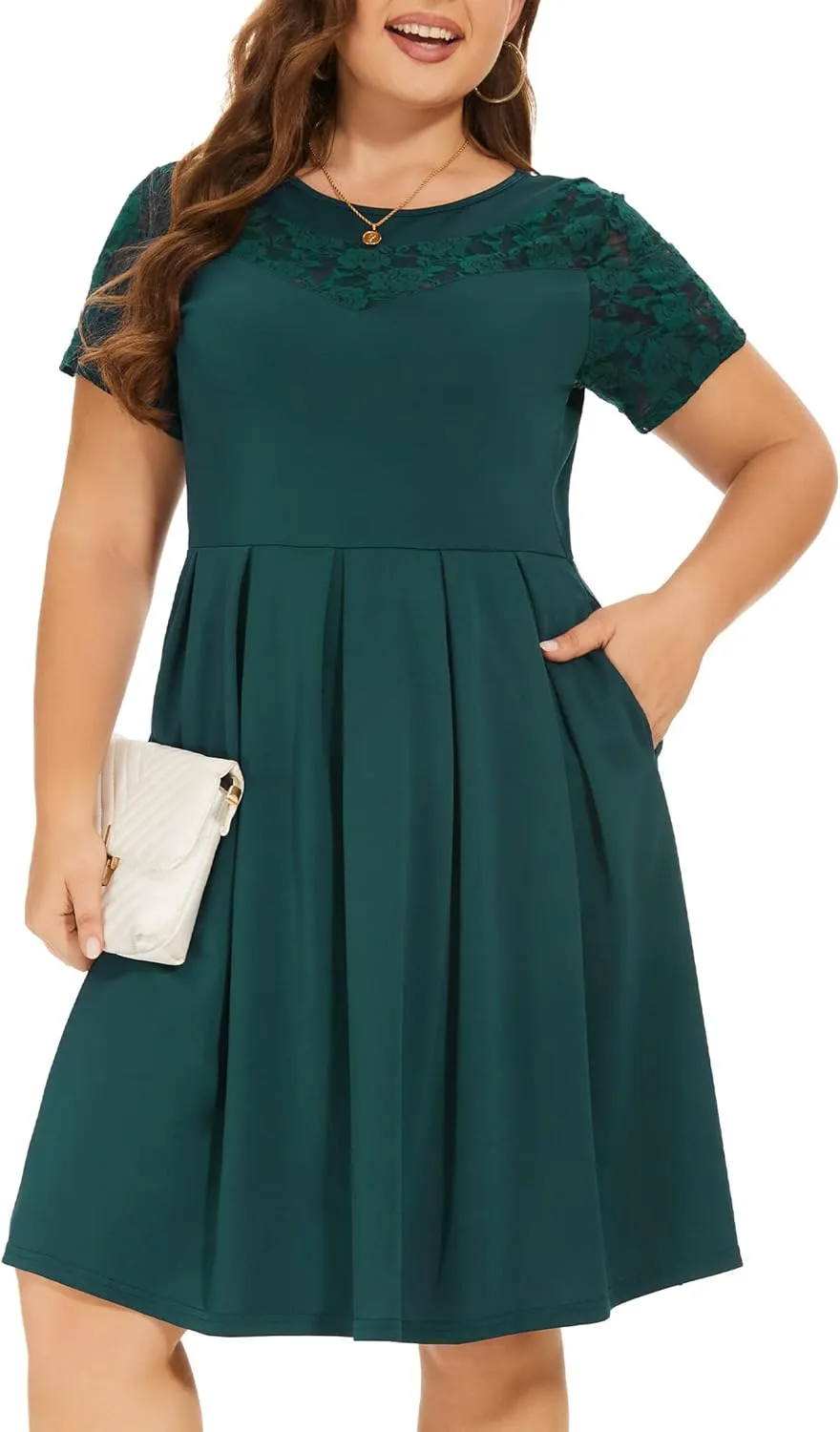 Women Plus Size Floral Lace Short Sleeve Party Wedding Cocktail Swing Midi Dress with Pockets
