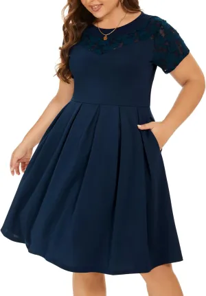 Women Plus Size Floral Lace Short Sleeve Party Wedding Cocktail Swing Midi Dress with Pockets