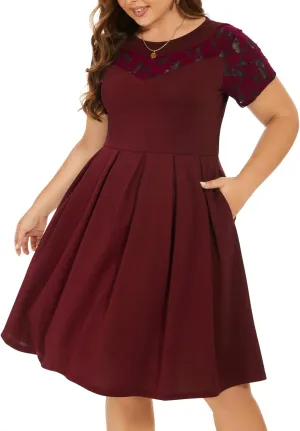 Women Plus Size Floral Lace Short Sleeve Party Wedding Cocktail Swing Midi Dress with Pockets