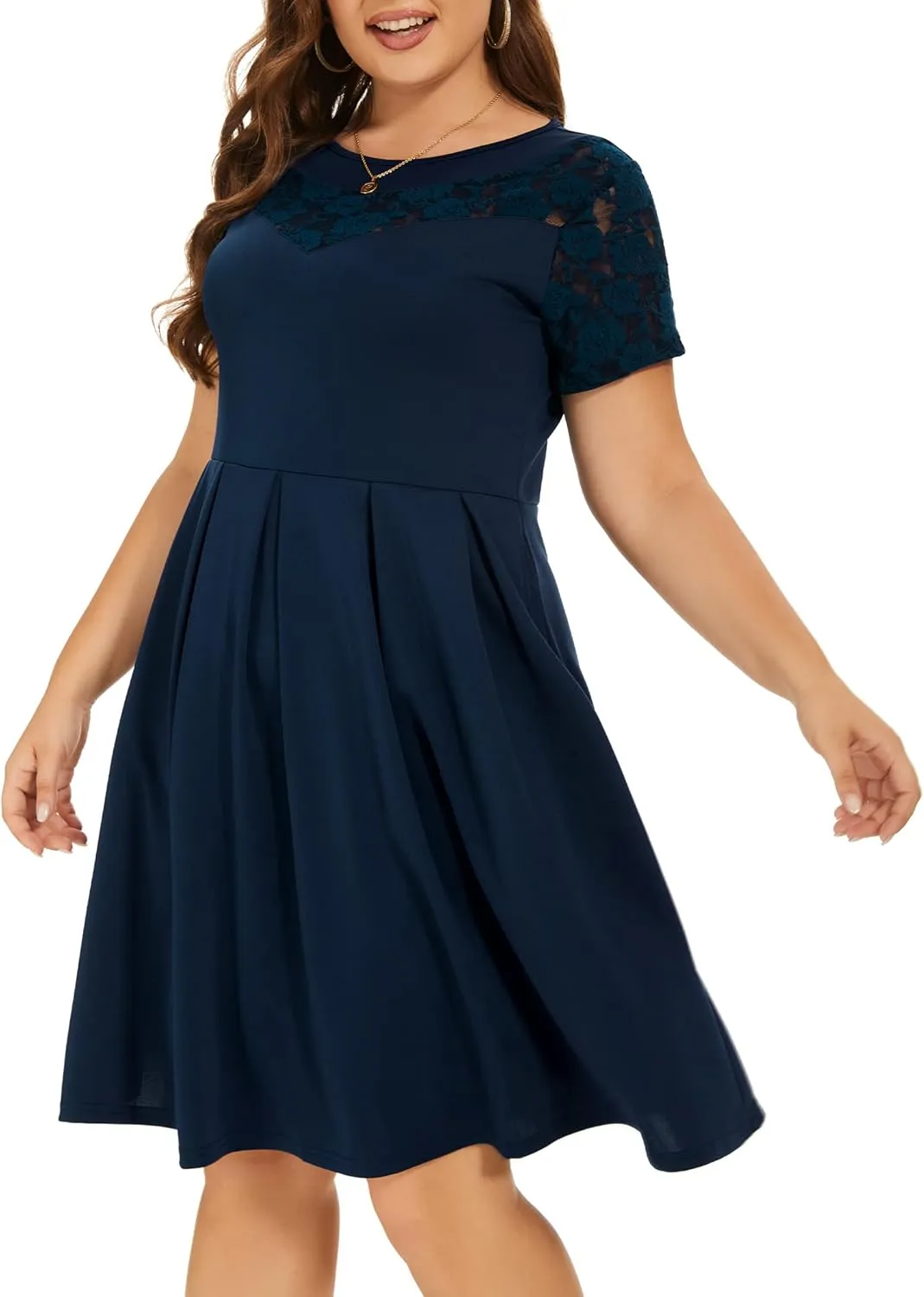 Women Plus Size Floral Lace Short Sleeve Party Wedding Cocktail Swing Midi Dress with Pockets