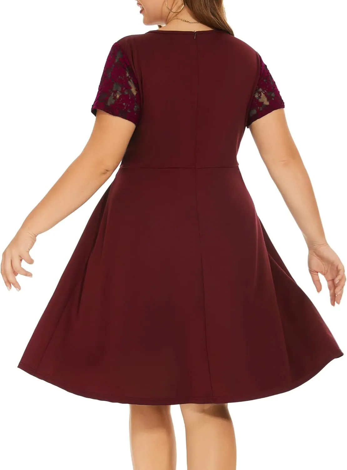 Women Plus Size Floral Lace Short Sleeve Party Wedding Cocktail Swing Midi Dress with Pockets