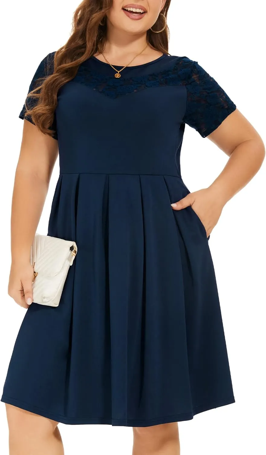 Women Plus Size Floral Lace Short Sleeve Party Wedding Cocktail Swing Midi Dress with Pockets