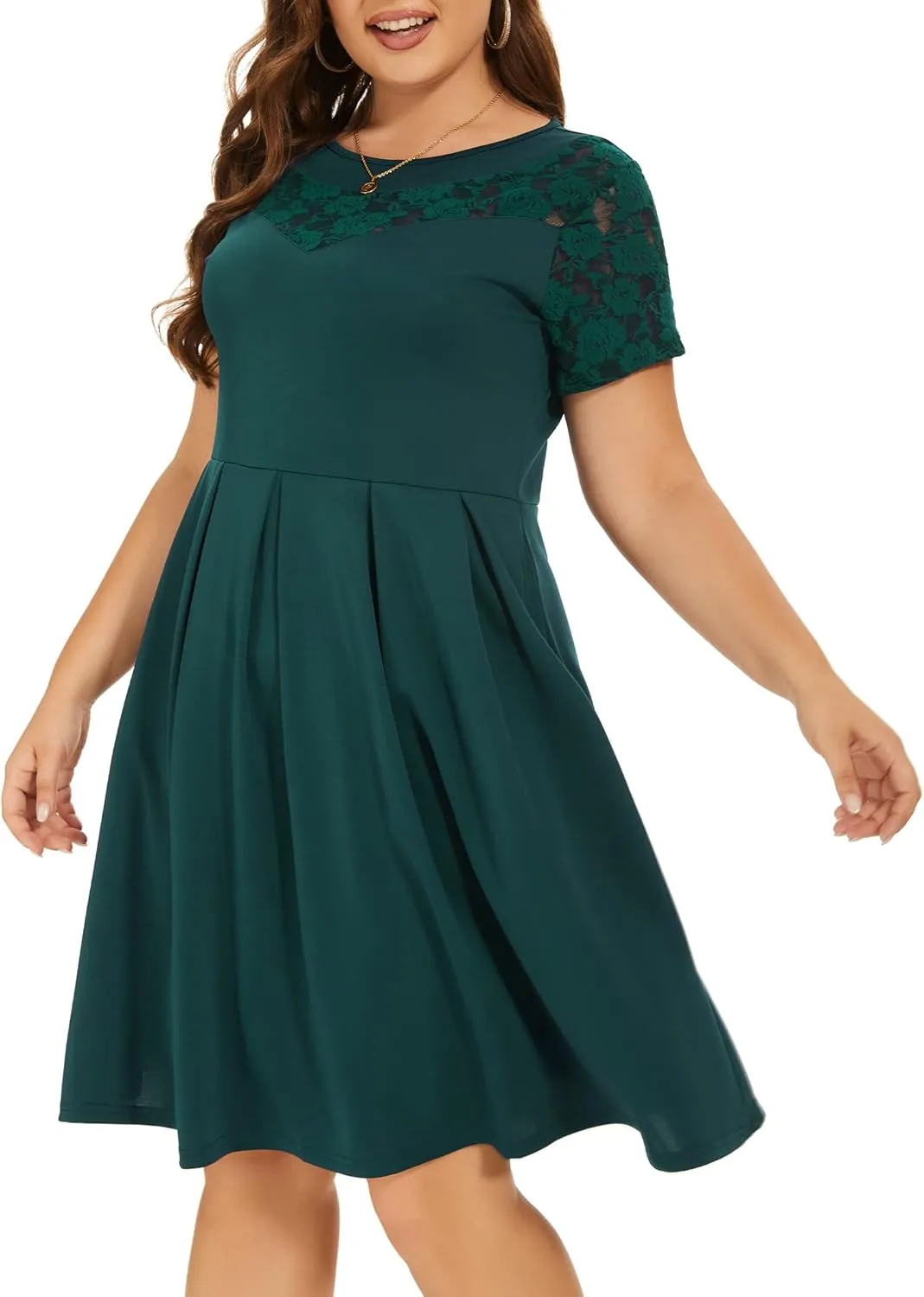 Women Plus Size Floral Lace Short Sleeve Party Wedding Cocktail Swing Midi Dress with Pockets
