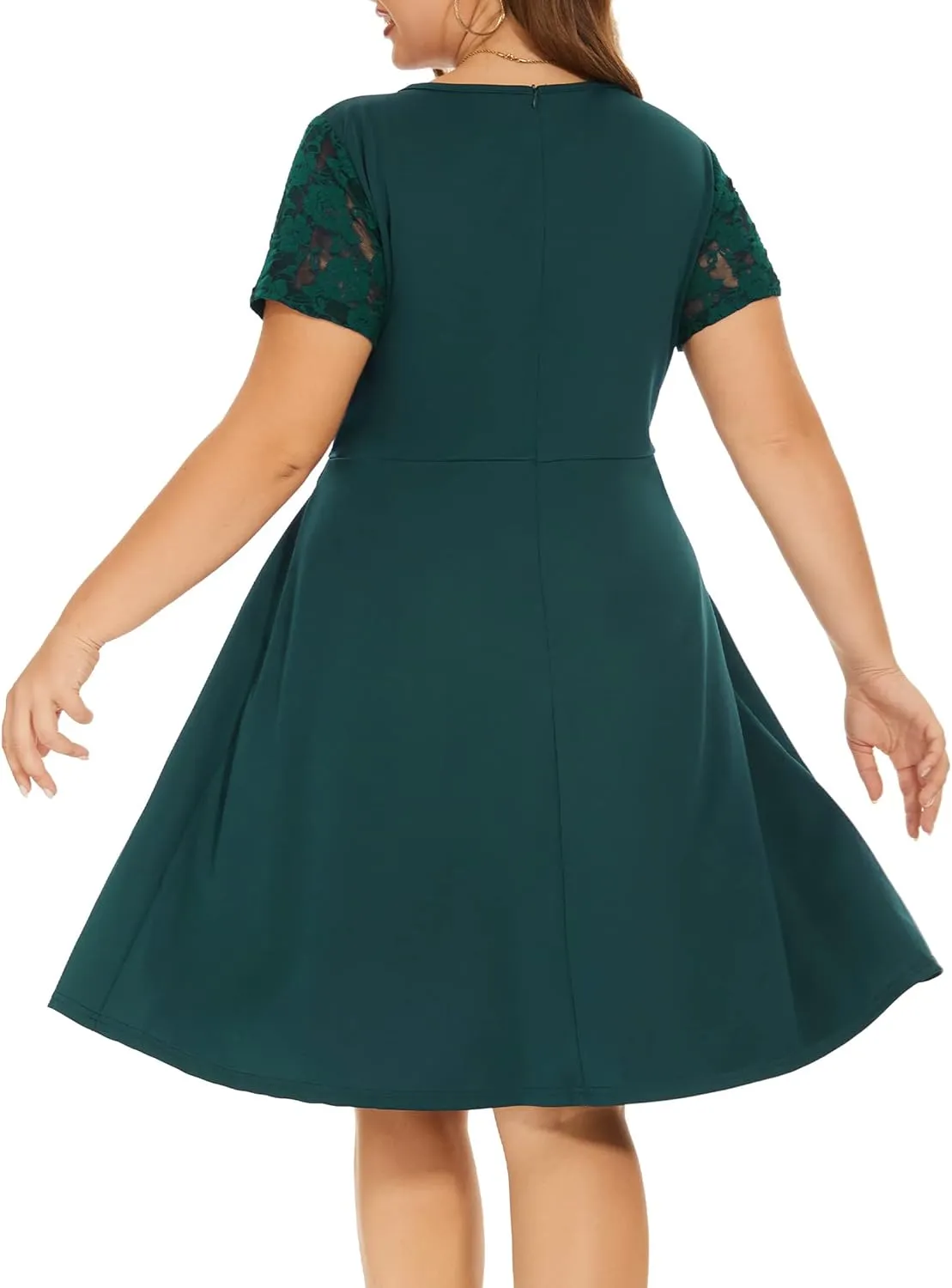 Women Plus Size Floral Lace Short Sleeve Party Wedding Cocktail Swing Midi Dress with Pockets