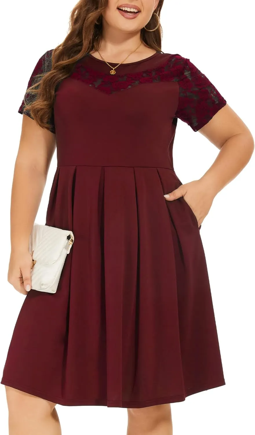 Women Plus Size Floral Lace Short Sleeve Party Wedding Cocktail Swing Midi Dress with Pockets