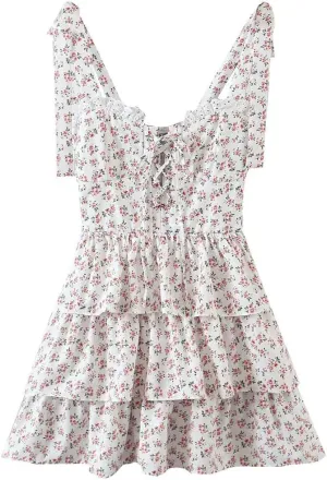 Women Retro Spliced Lace Floral Print Bandage Tie Bow Strap Dress Cross Lacing Up Collar Ruffles Hem Cake Mini Holiday Dress
