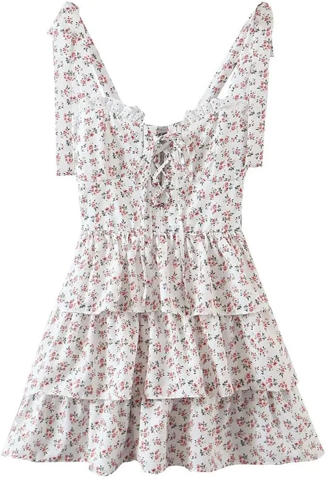 Women Retro Spliced Lace Floral Print Bandage Tie Bow Strap Dress Cross Lacing Up Collar Ruffles Hem Cake Mini Holiday Dress