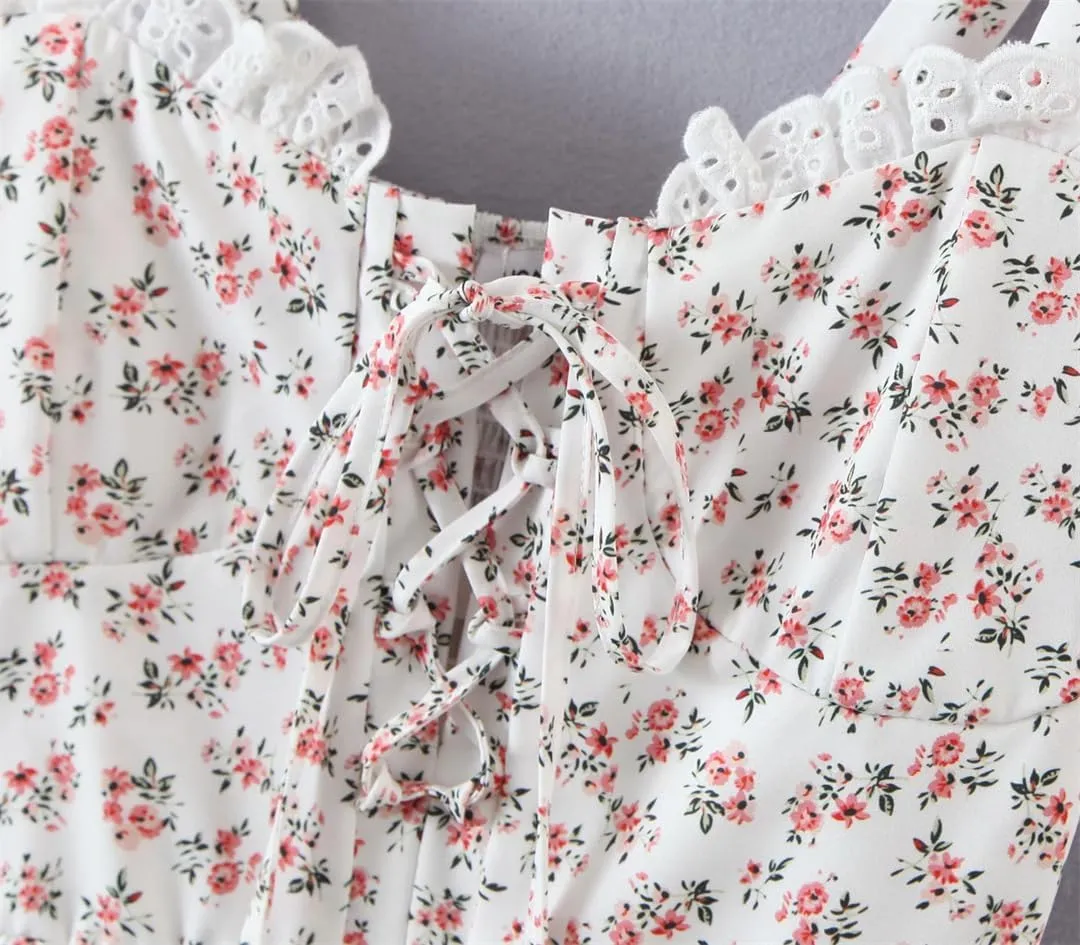 Women Retro Spliced Lace Floral Print Bandage Tie Bow Strap Dress Cross Lacing Up Collar Ruffles Hem Cake Mini Holiday Dress