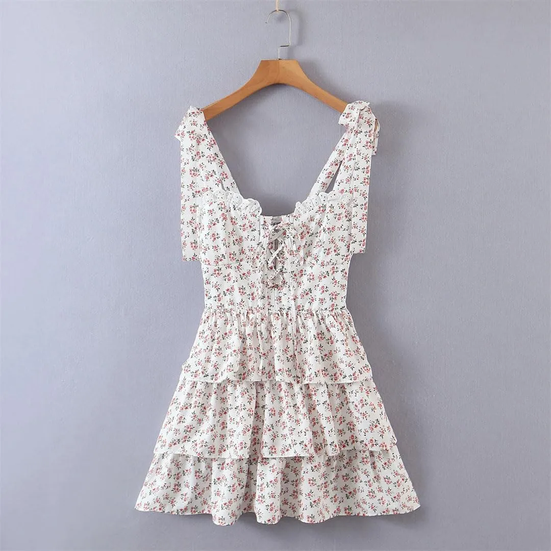 Women Retro Spliced Lace Floral Print Bandage Tie Bow Strap Dress Cross Lacing Up Collar Ruffles Hem Cake Mini Holiday Dress