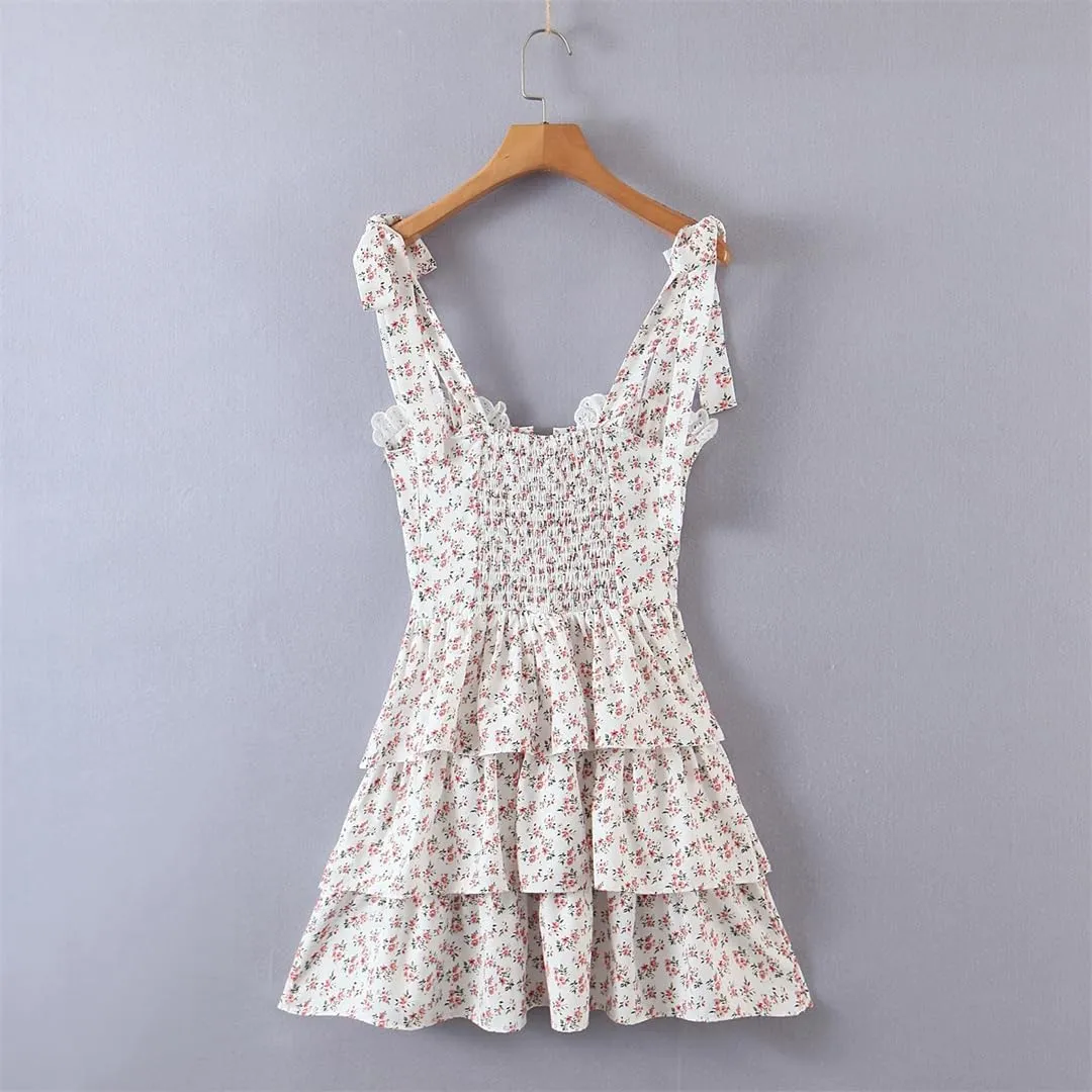 Women Retro Spliced Lace Floral Print Bandage Tie Bow Strap Dress Cross Lacing Up Collar Ruffles Hem Cake Mini Holiday Dress