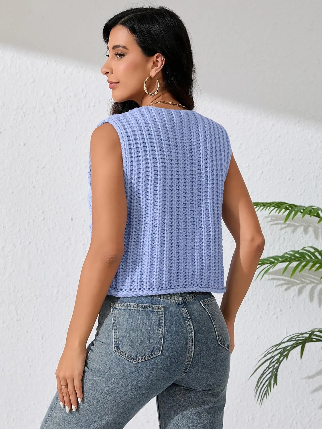 Women Sleeveless Knit Sweater Vest Crochet Chunky Button Down Cardigan Crop Vests Tops with Pockets