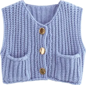 Women Sleeveless Knit Sweater Vest Crochet Chunky Button Down Cardigan Crop Vests Tops with Pockets