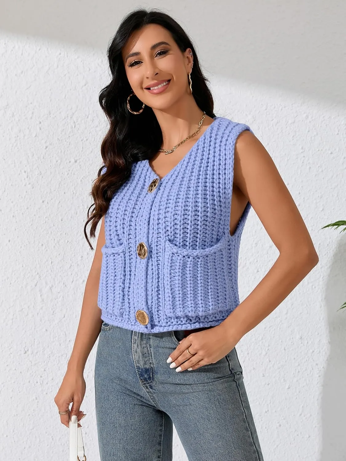 Women Sleeveless Knit Sweater Vest Crochet Chunky Button Down Cardigan Crop Vests Tops with Pockets