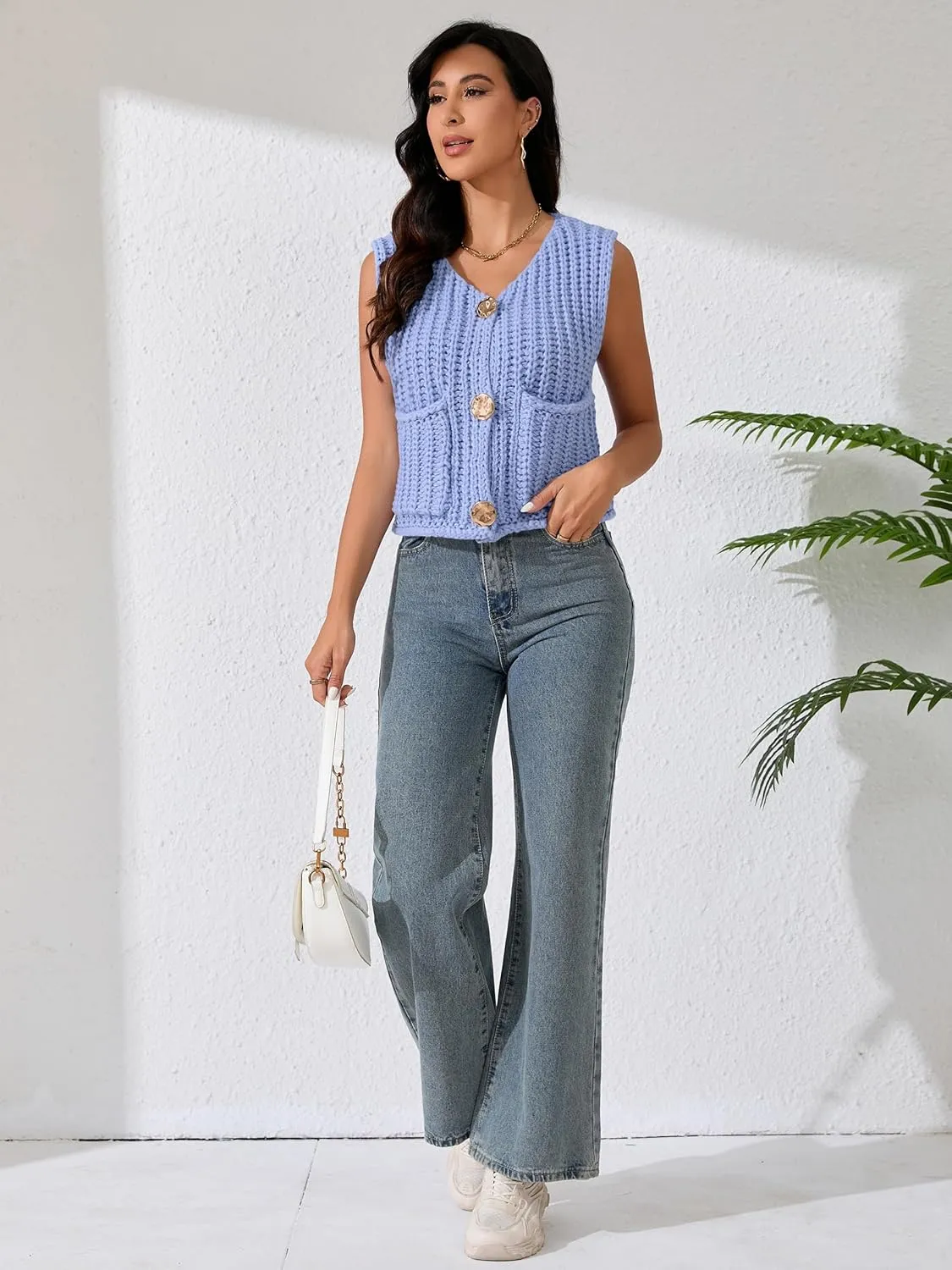 Women Sleeveless Knit Sweater Vest Crochet Chunky Button Down Cardigan Crop Vests Tops with Pockets