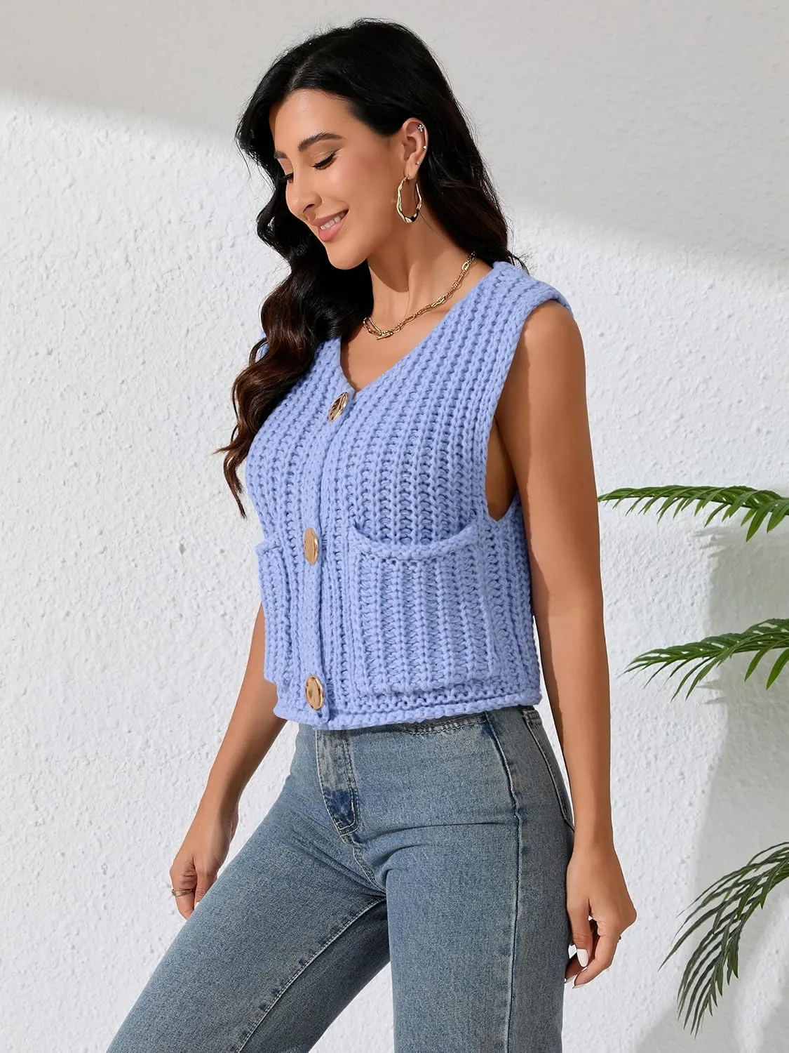 Women Sleeveless Knit Sweater Vest Crochet Chunky Button Down Cardigan Crop Vests Tops with Pockets