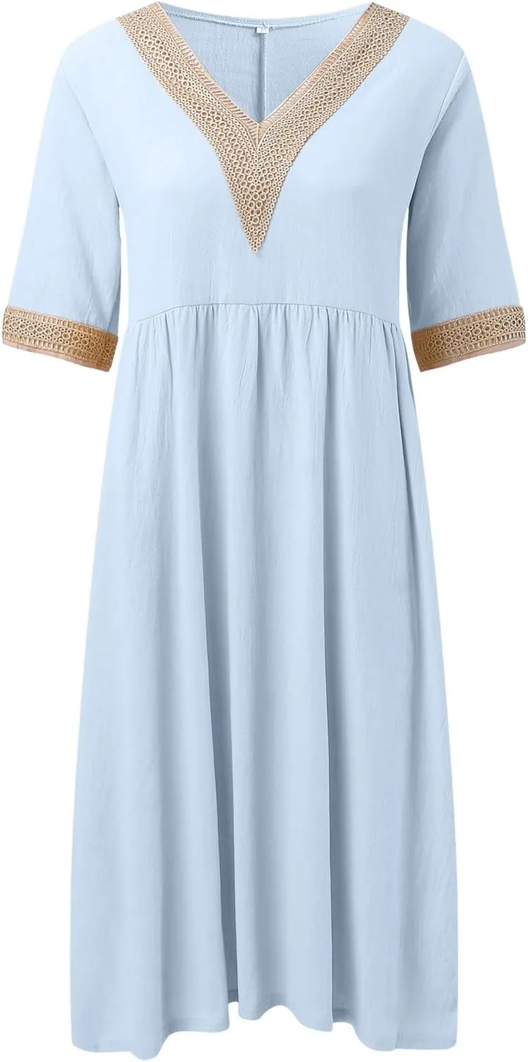 Women Solid Color Midi Dress Lace V Neck Short Sleeve Mid Length Dress Mini Loose Fit
