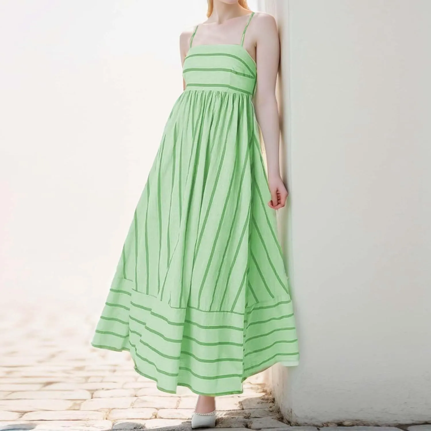 Women Striped Print Maxi Dress Spaghetti Strap Flowy Tiered Dress Sleeveless Casual Summer Sundress, 3X-Large, Black