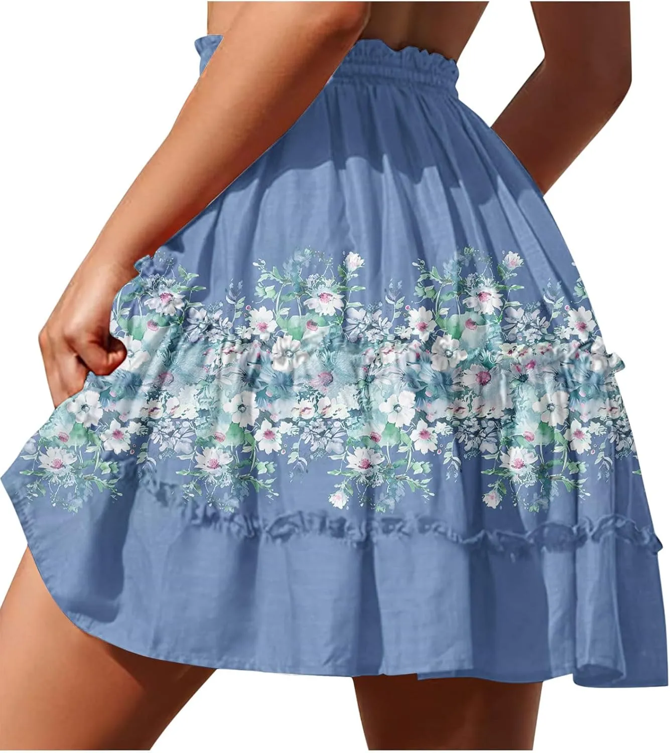 Women Summer Boho Floral Skirts 2025 Trendy Beach Mini Skirt Elastic Waist Tiered Ruffle Pleated Skirts