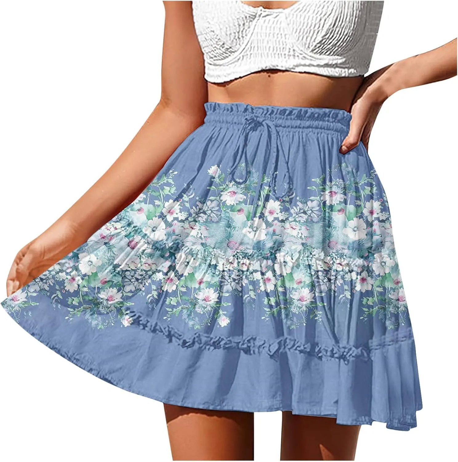 Women Summer Boho Floral Skirts 2025 Trendy Beach Mini Skirt Elastic Waist Tiered Ruffle Pleated Skirts