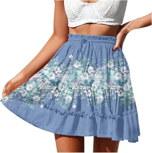 Women Summer Boho Floral Skirts 2025 Trendy Beach Mini Skirt Elastic Waist Tiered Ruffle Pleated Skirts