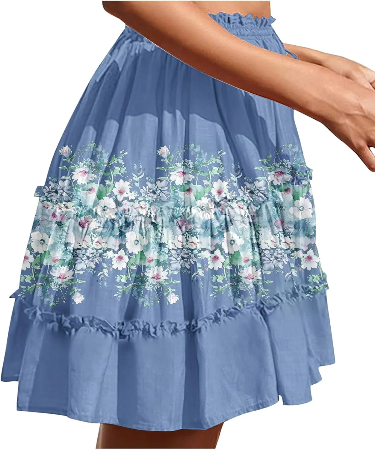 Women Summer Boho Floral Skirts 2025 Trendy Beach Mini Skirt Elastic Waist Tiered Ruffle Pleated Skirts