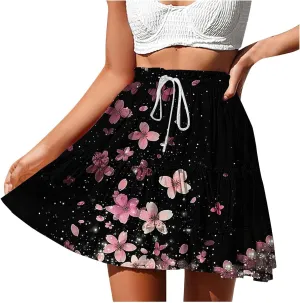 Women Summer Boho Skirts High Waist Casual Flowy Elastic Floral Printed Drawstring Tie-up Mini Skirt with Belt