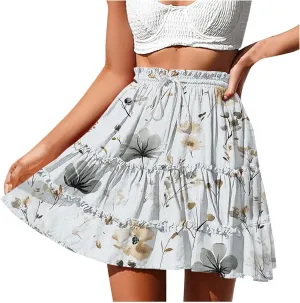 Women Summer Boho Skirts High Waist Casual Flowy Elastic Floral Printed Drawstring Tie-up Mini Skirt with Belt