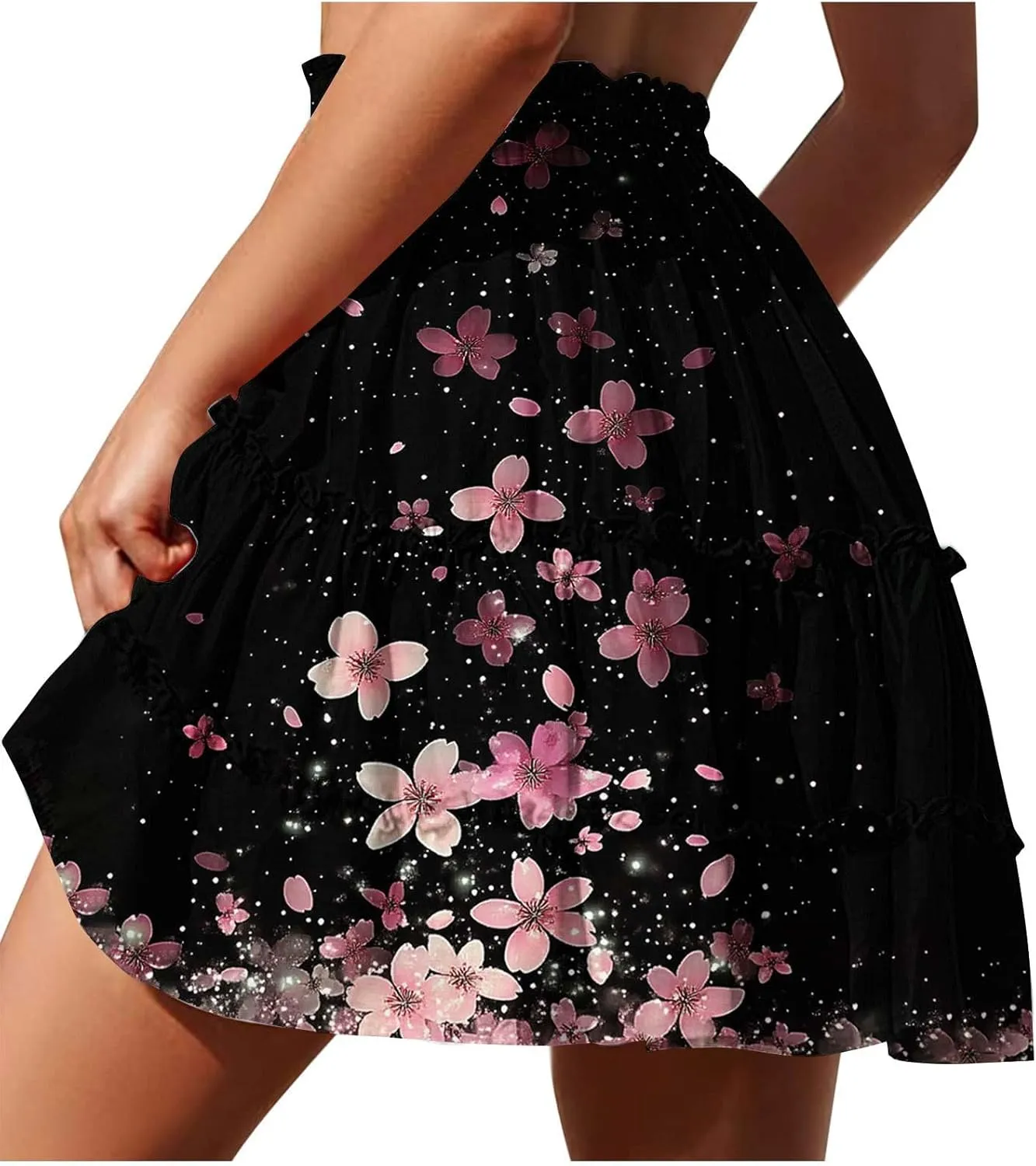 Women Summer Boho Skirts High Waist Casual Flowy Elastic Floral Printed Drawstring Tie-up Mini Skirt with Belt