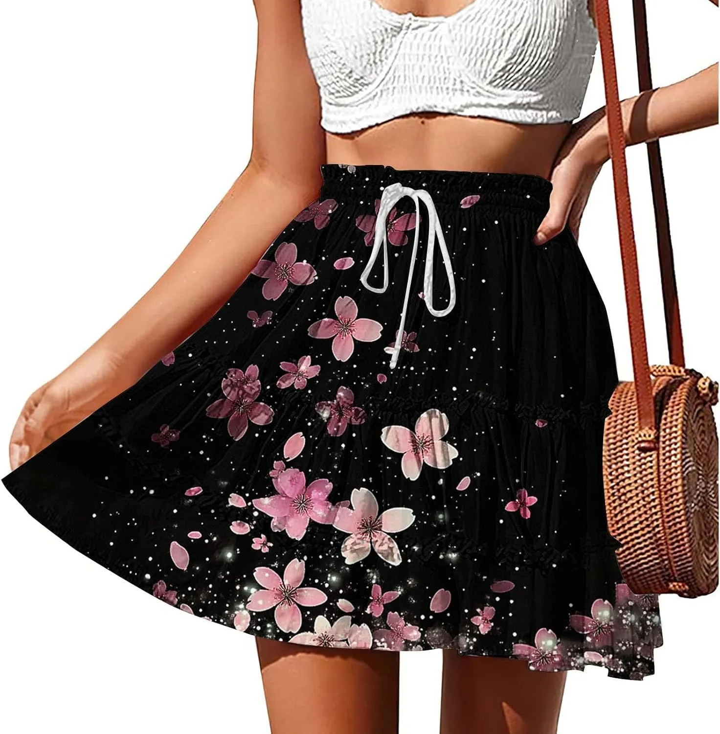 Women Summer Boho Skirts High Waist Casual Flowy Elastic Floral Printed Drawstring Tie-up Mini Skirt with Belt