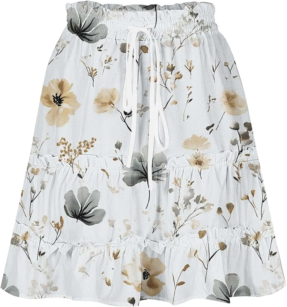 Women Summer Boho Skirts High Waist Casual Flowy Elastic Floral Printed Drawstring Tie-up Mini Skirt with Belt