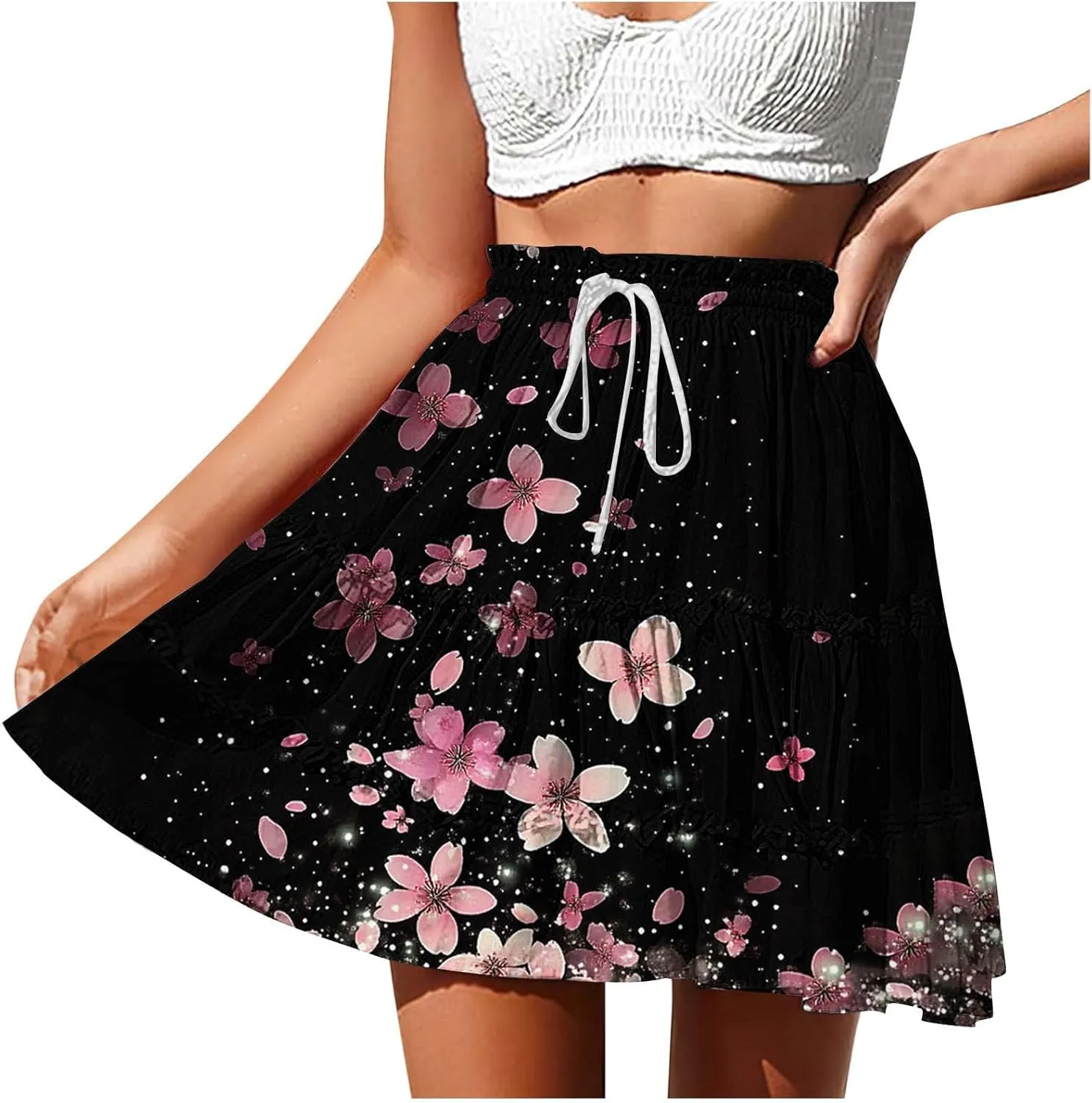 Women Summer Boho Skirts High Waist Casual Flowy Elastic Floral Printed Drawstring Tie-up Mini Skirt with Belt