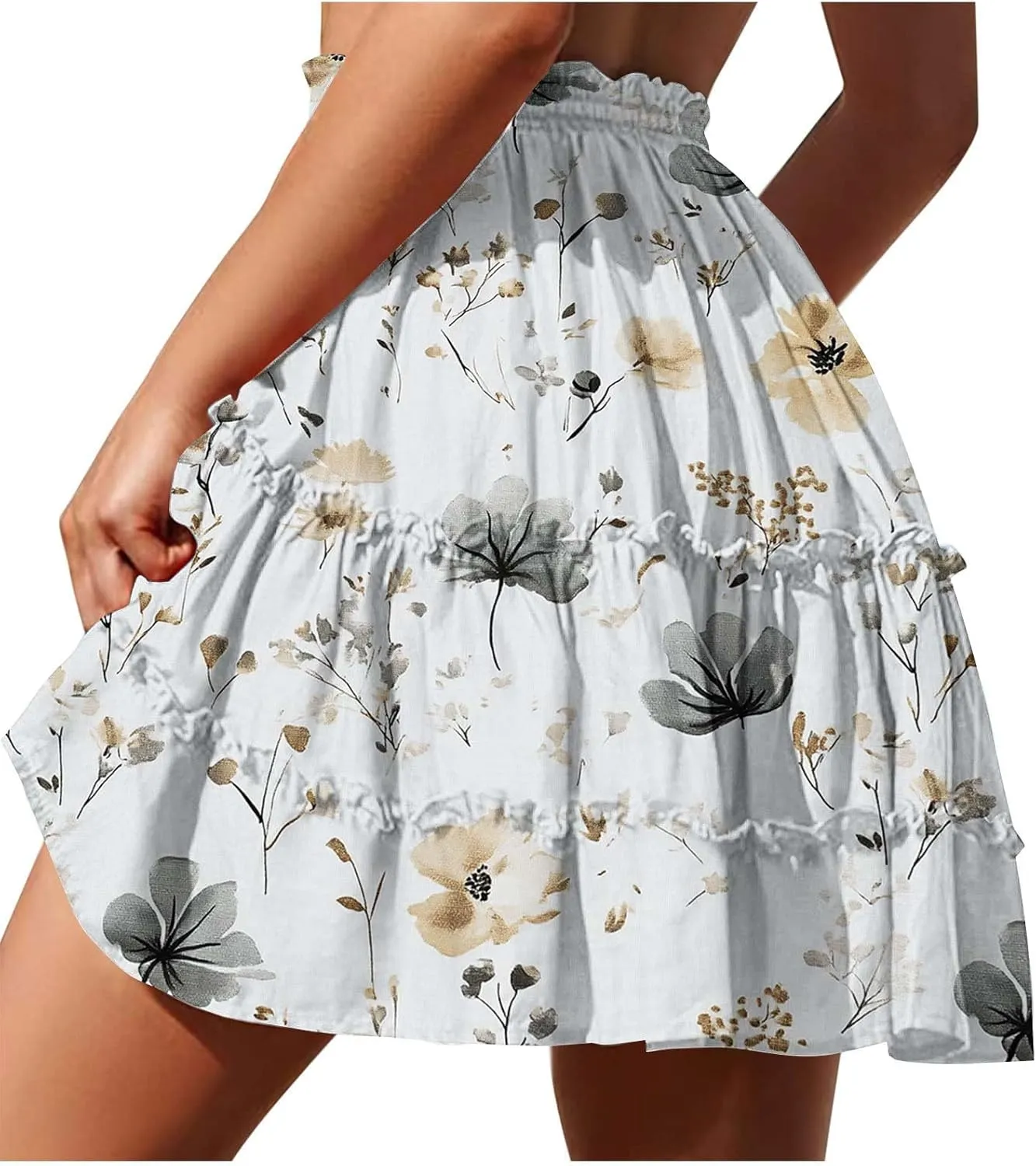 Women Summer Boho Skirts High Waist Casual Flowy Elastic Floral Printed Drawstring Tie-up Mini Skirt with Belt