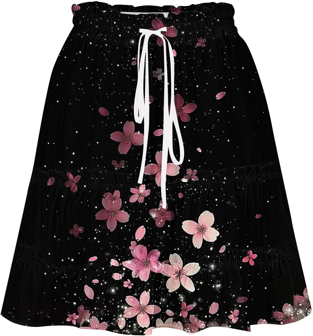 Women Summer Boho Skirts High Waist Casual Flowy Elastic Floral Printed Drawstring Tie-up Mini Skirt with Belt