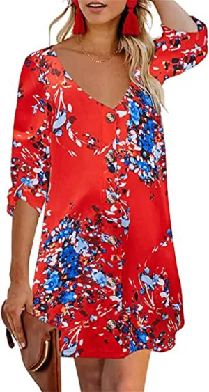 Women Summer Button Down V Neck Dress Casual 3/4 Bell Sleeve Mini Dress Loose Tunic Vintage Flowy Swing Shift Dresses
